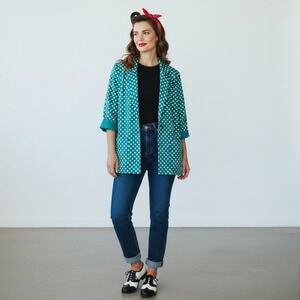 Vintage 80s Polka Dot Blazer Boxy Leslie Fay 12 Teal White Silky Oversized
